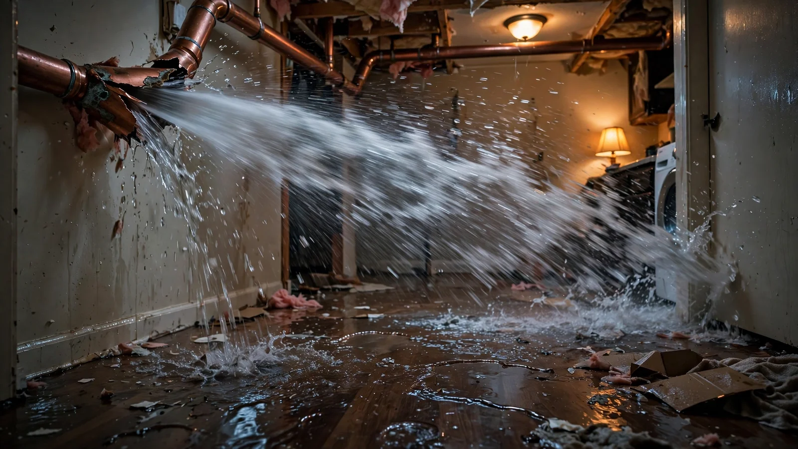 Plumber repairing a burst water pipe in a Littleton, CO home